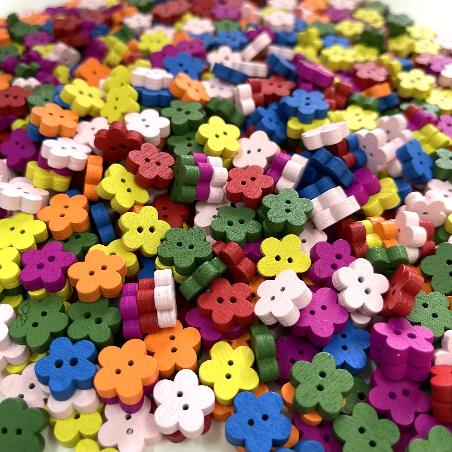 Flower shaped multi-color wooden buttons, Pack of 14
