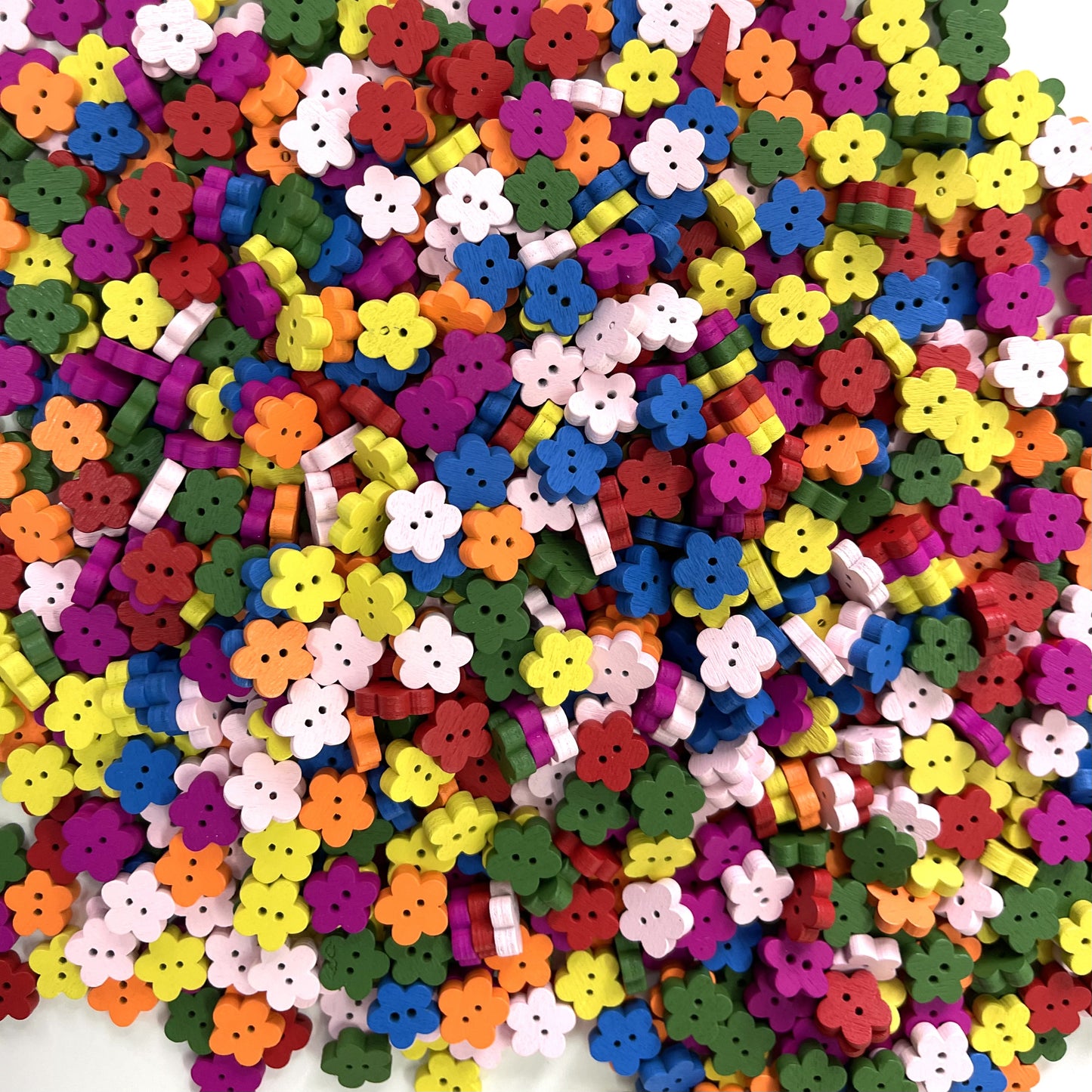 Flower shaped multi-color wooden buttons, Pack of 14