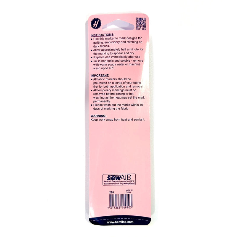 Hemline white wash out marking pen for dark fabrics