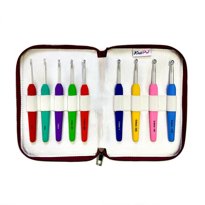 Knit Pro Waves crochet hooks set - Pink Maroon case, Set of 9 hooks