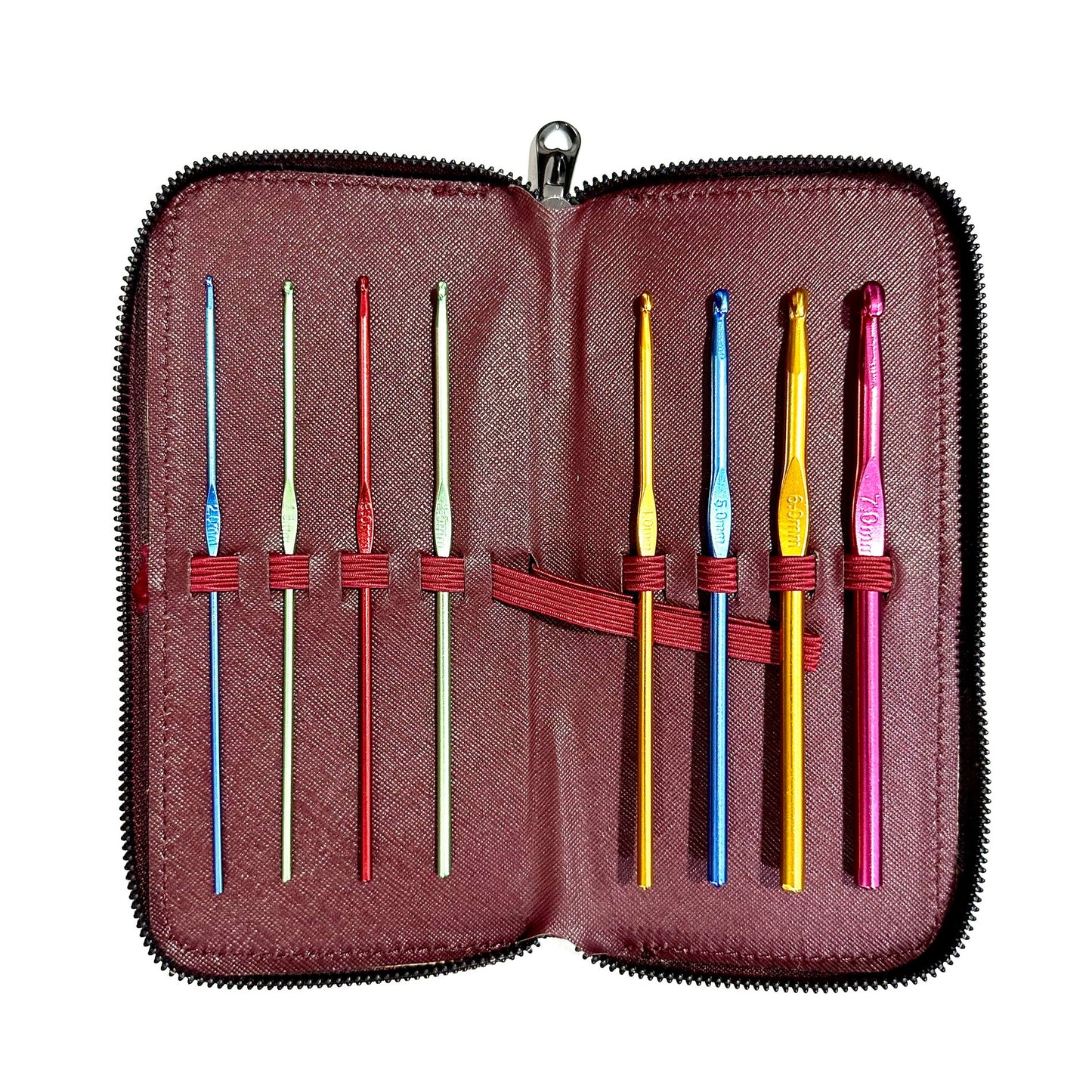 Crochet set of 8 metal hooks in leather pouch, P9