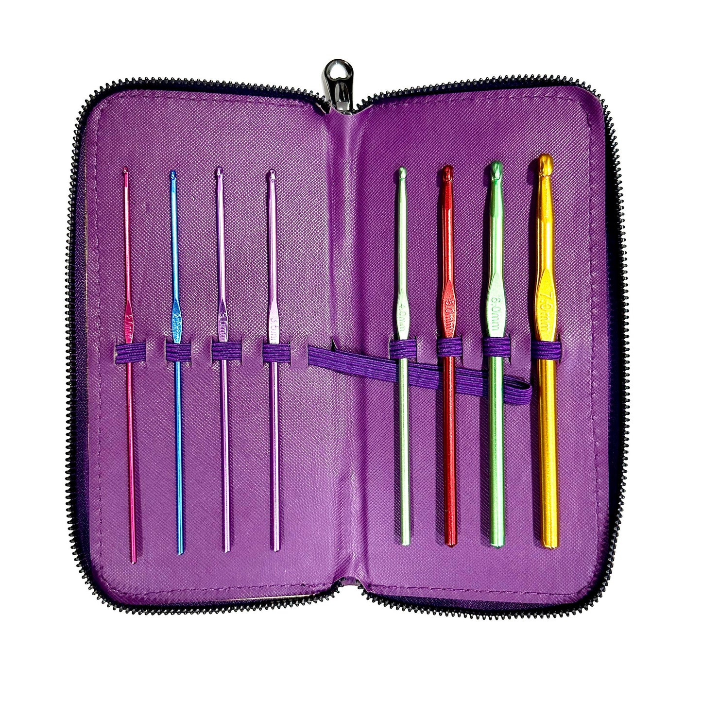 Crochet set of 8 metal hooks in leather pouch, P7