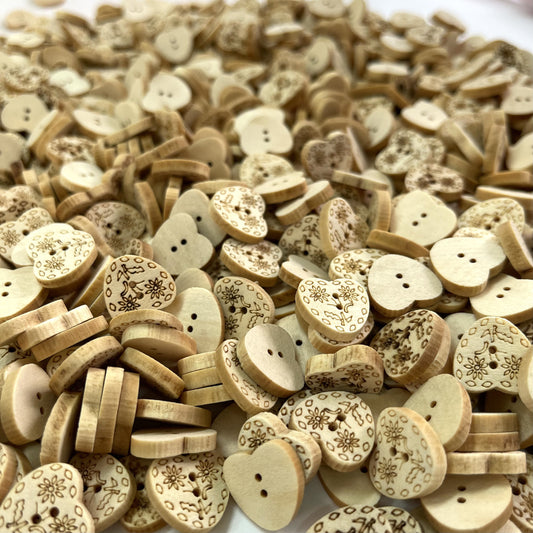 Heart shaped wooden buttons, Pack of 20